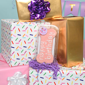 Prepackaged Large Pink Happy Birthday Bone | Birthday