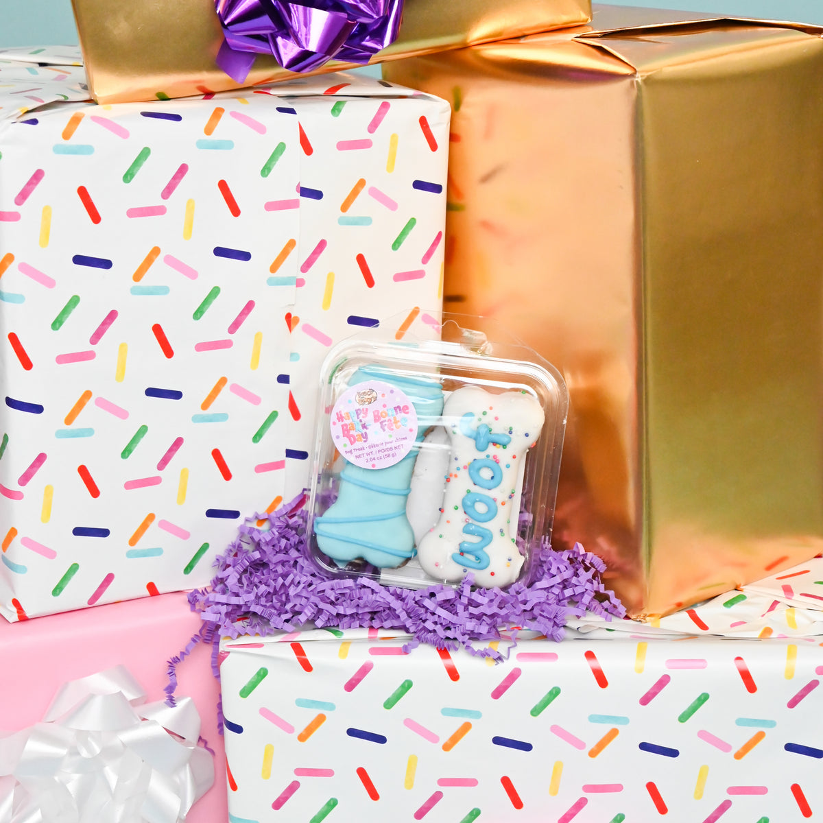 Prepackaged 4pk Blue Woof It Up Bones | Birthday