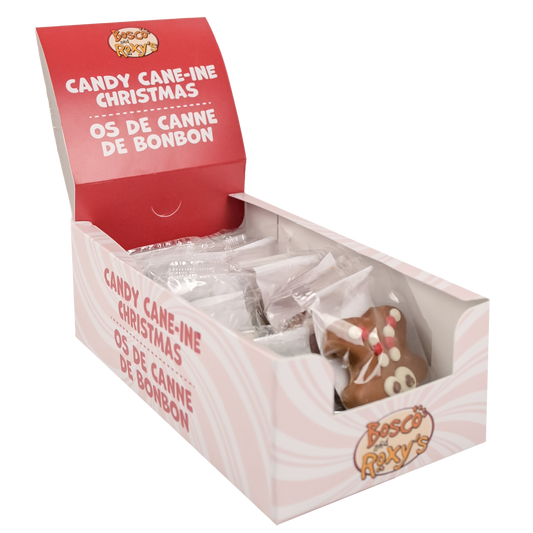 Display box of Bosco & Roxy's Candy Cane-in Christmas treats with a red lid.