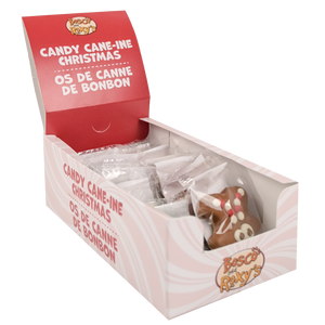 Display box of Bosco & Roxy's Candy Cane-in Christmas treats with a red lid.