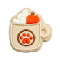 Decorative cookie shaped like a hot chocolate mug with pumpkins and a paw print on a white background